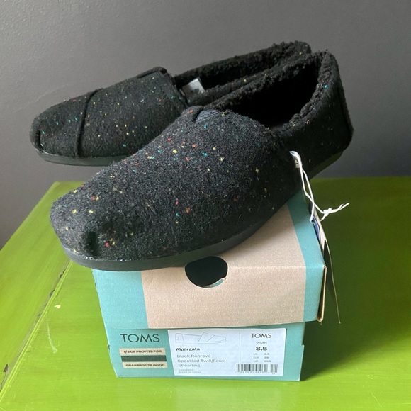 Toms Slip On Black Speckled Cozy Twill/Faux Shearling Lined NWT Flat House Shoes - Picture 6 of 6